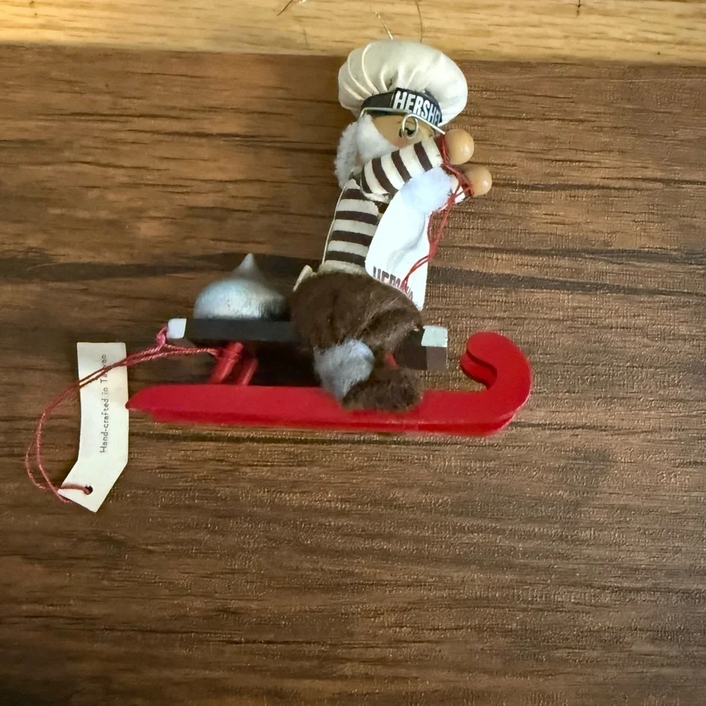 Vintage Kurt Adler Hersheys Chocolate Elf Chef on Wood Sled Christmas Ornament